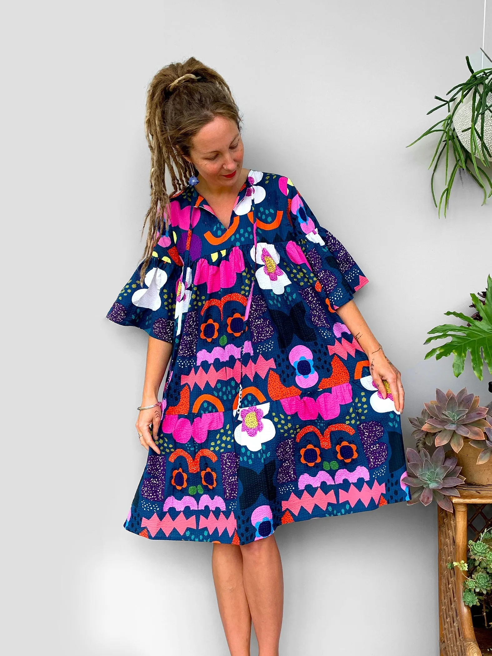 (SAMPLES) Blue Kooki dress 100% seersucker cotton (darker & brighter print)