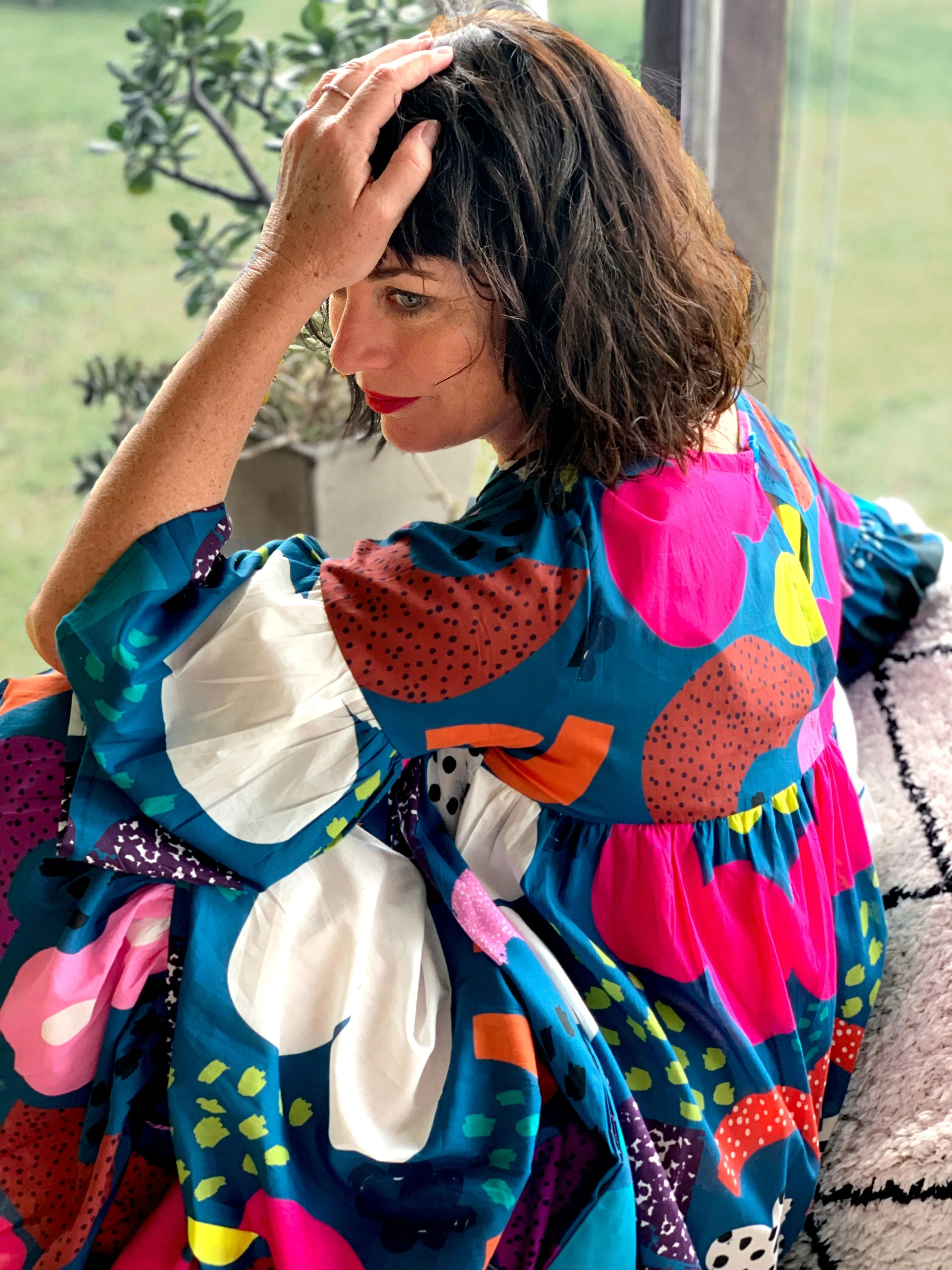 (SAMPLES) Blue Kooki dress 100% seersucker cotton (darker & brighter print)
