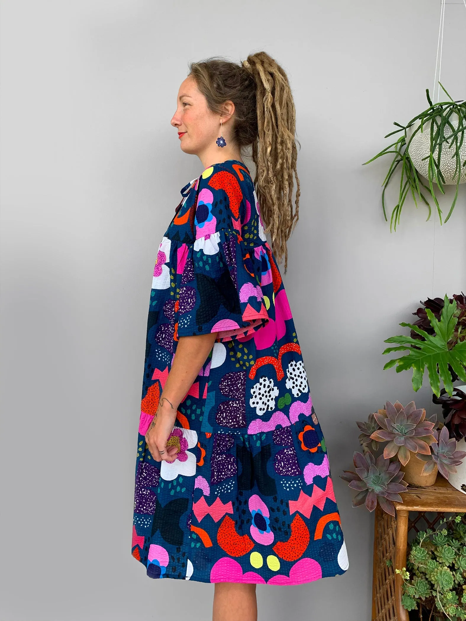 (SAMPLES) Blue Kooki dress 100% seersucker cotton (darker & brighter print)