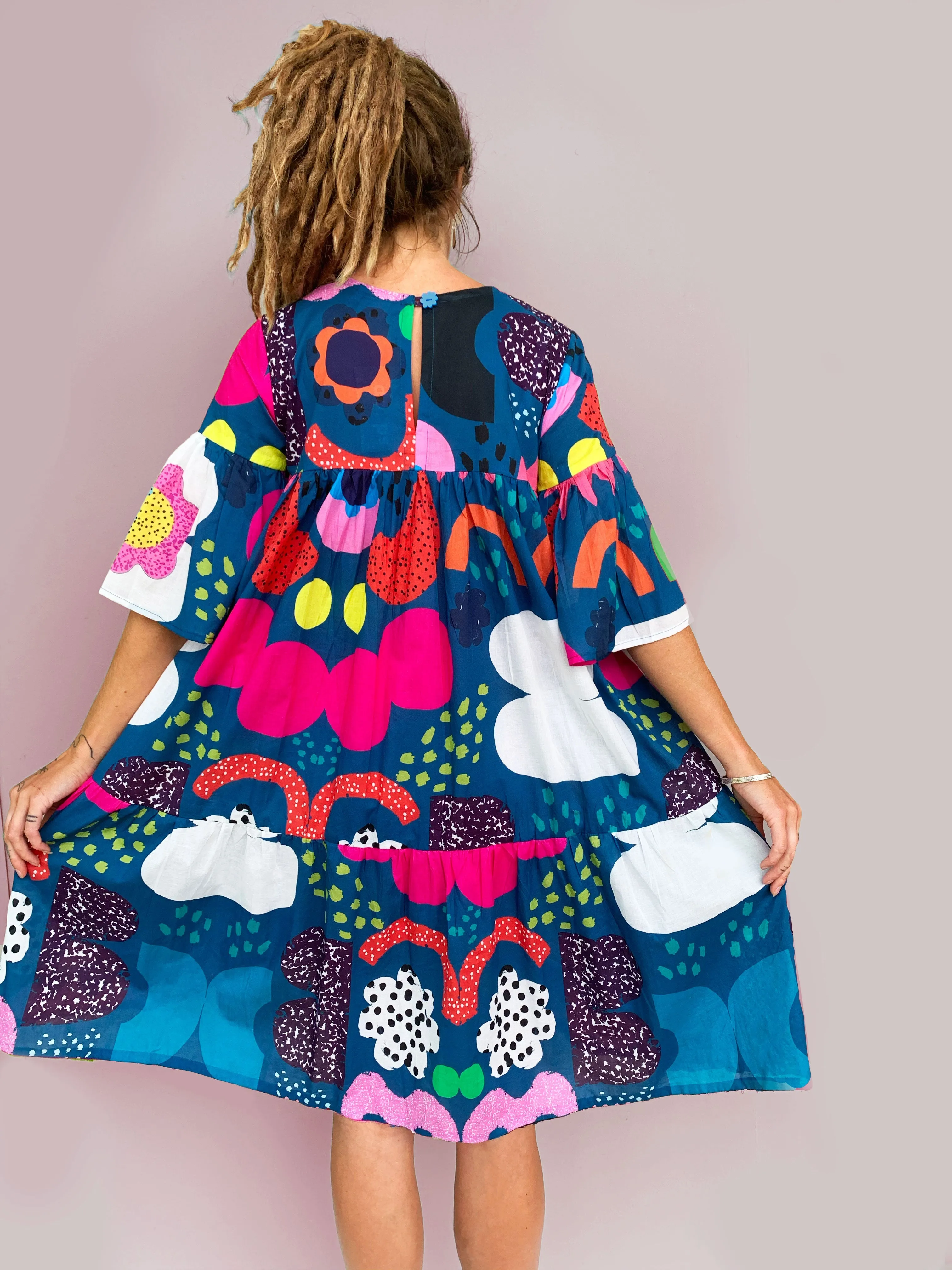 (SAMPLES) Blue Kooki dress 100% seersucker cotton (darker & brighter print)