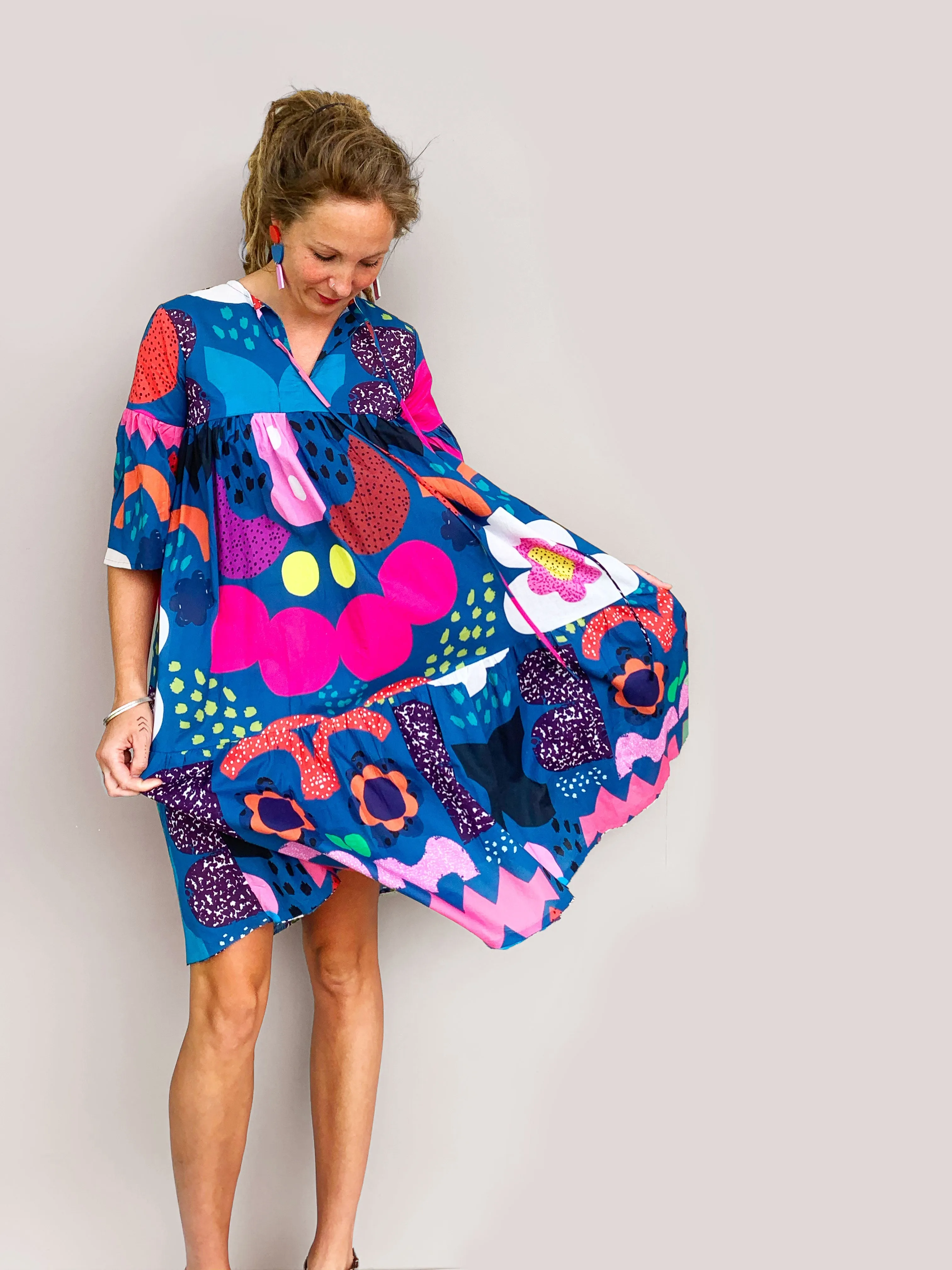 (SAMPLES) Blue Kooki dress 100% seersucker cotton (darker & brighter print)