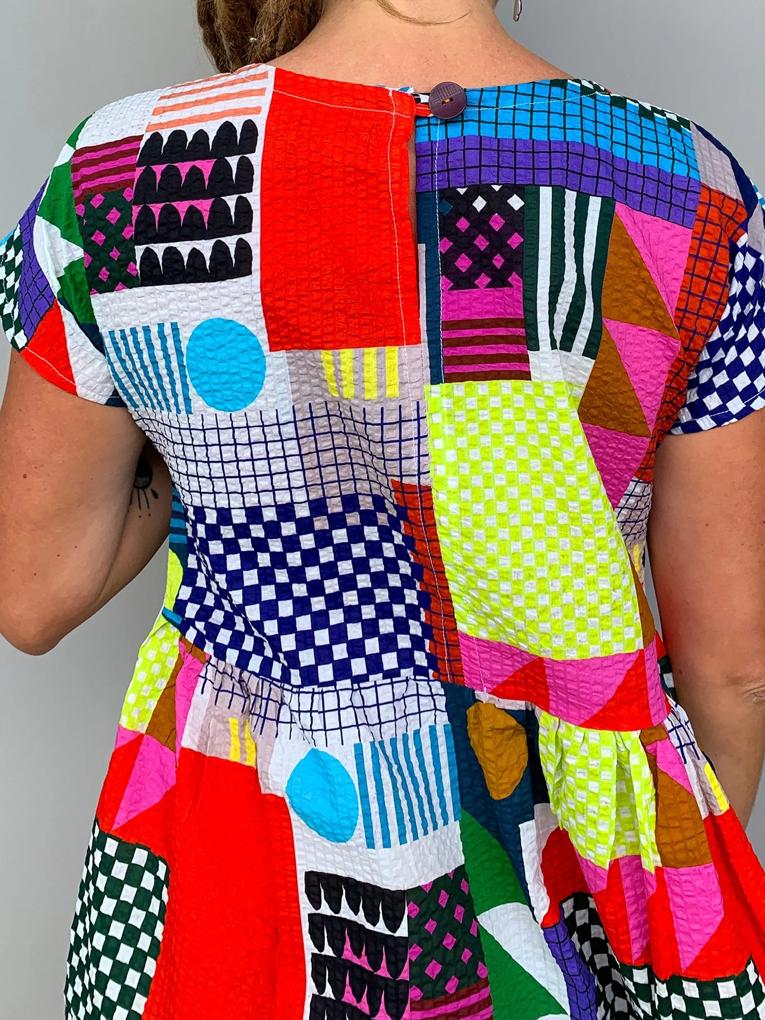 (SAMPLES) Lumo Check pleated 100% seersucker cotton dress (cap sleeve)
