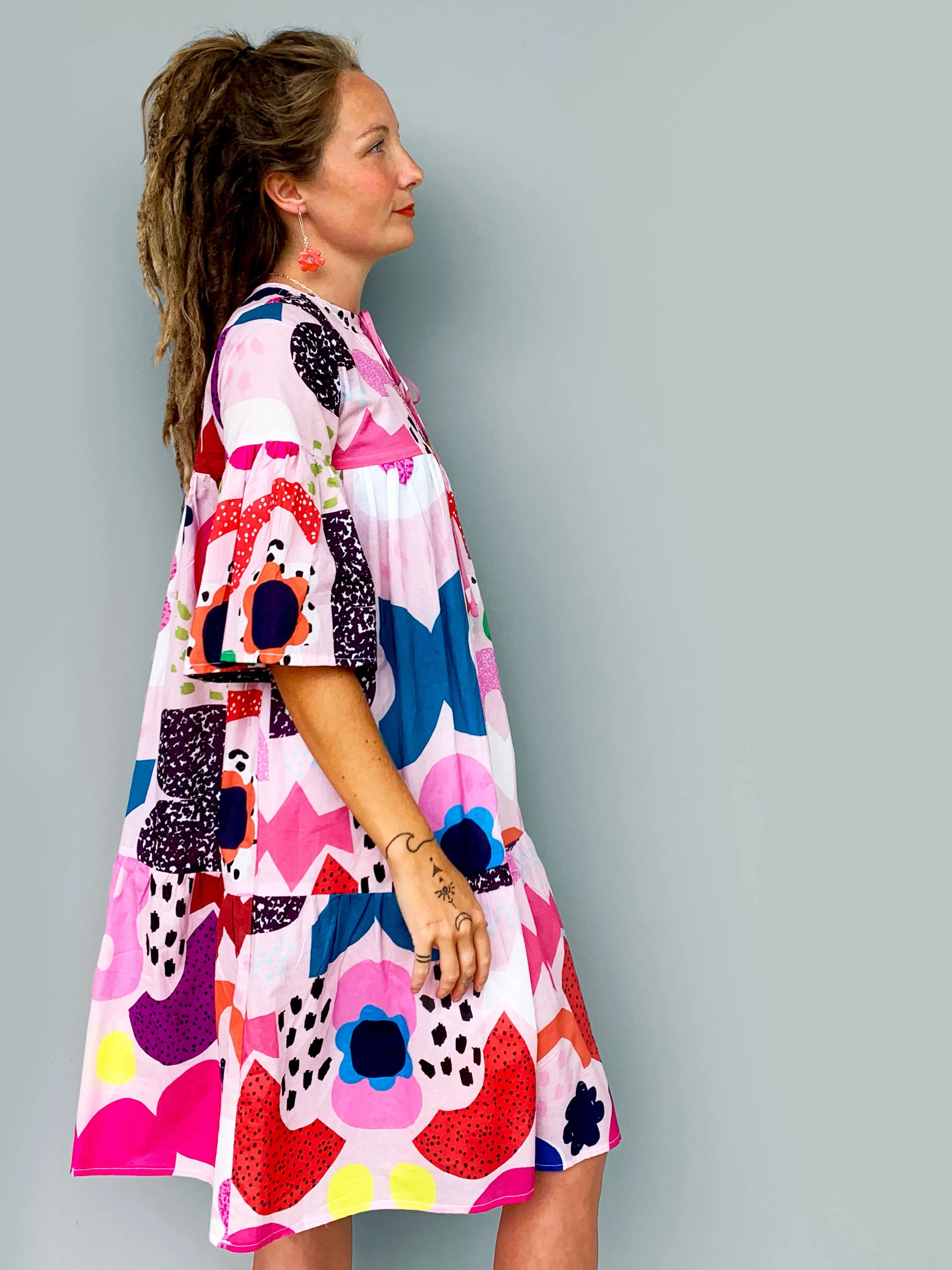 (SAMPLES) Peach Kooki dress 100% seersucker cotton  (brighter print)
