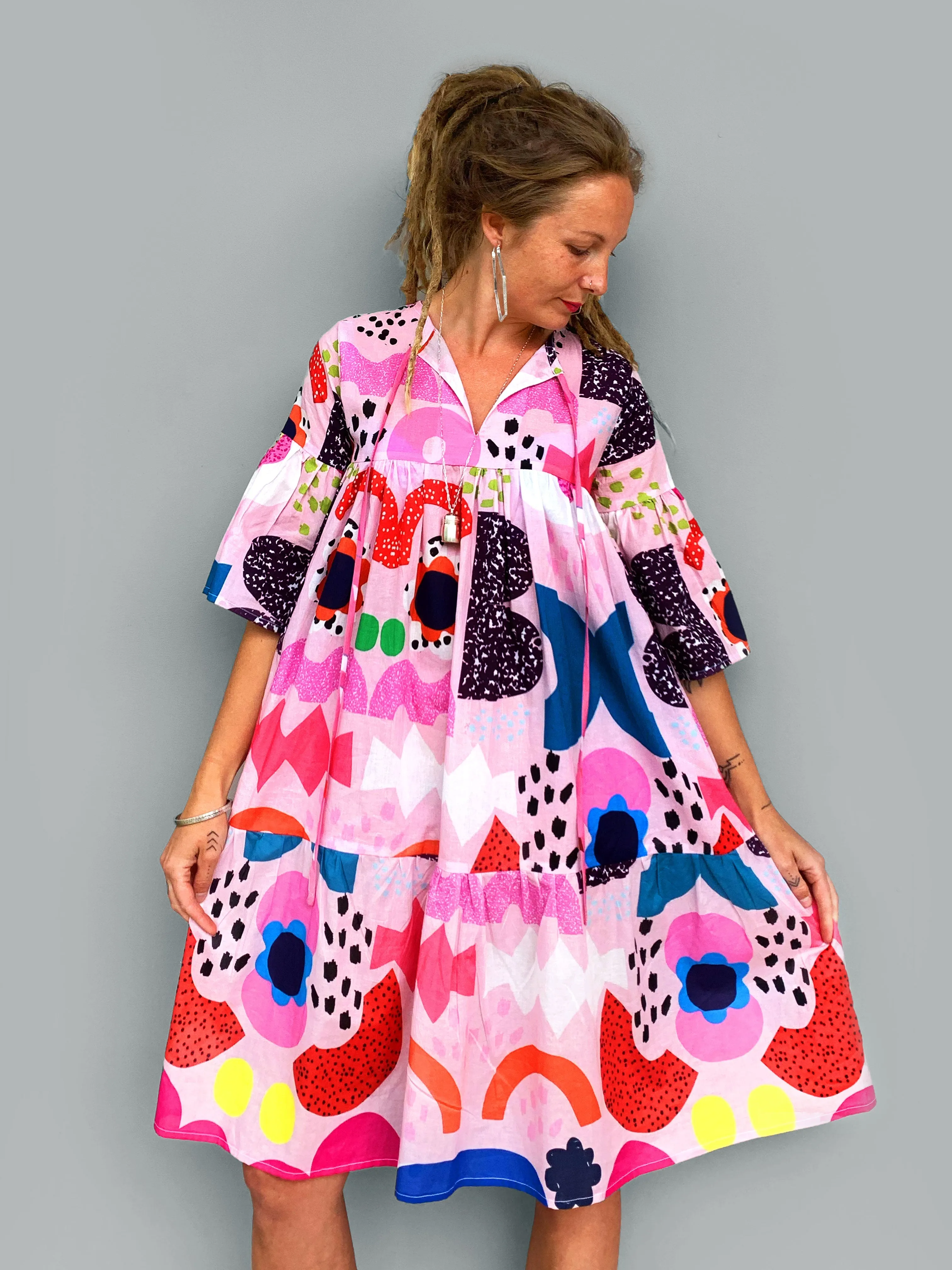(SAMPLES) Peach Kooki dress 100% seersucker cotton  (brighter print)