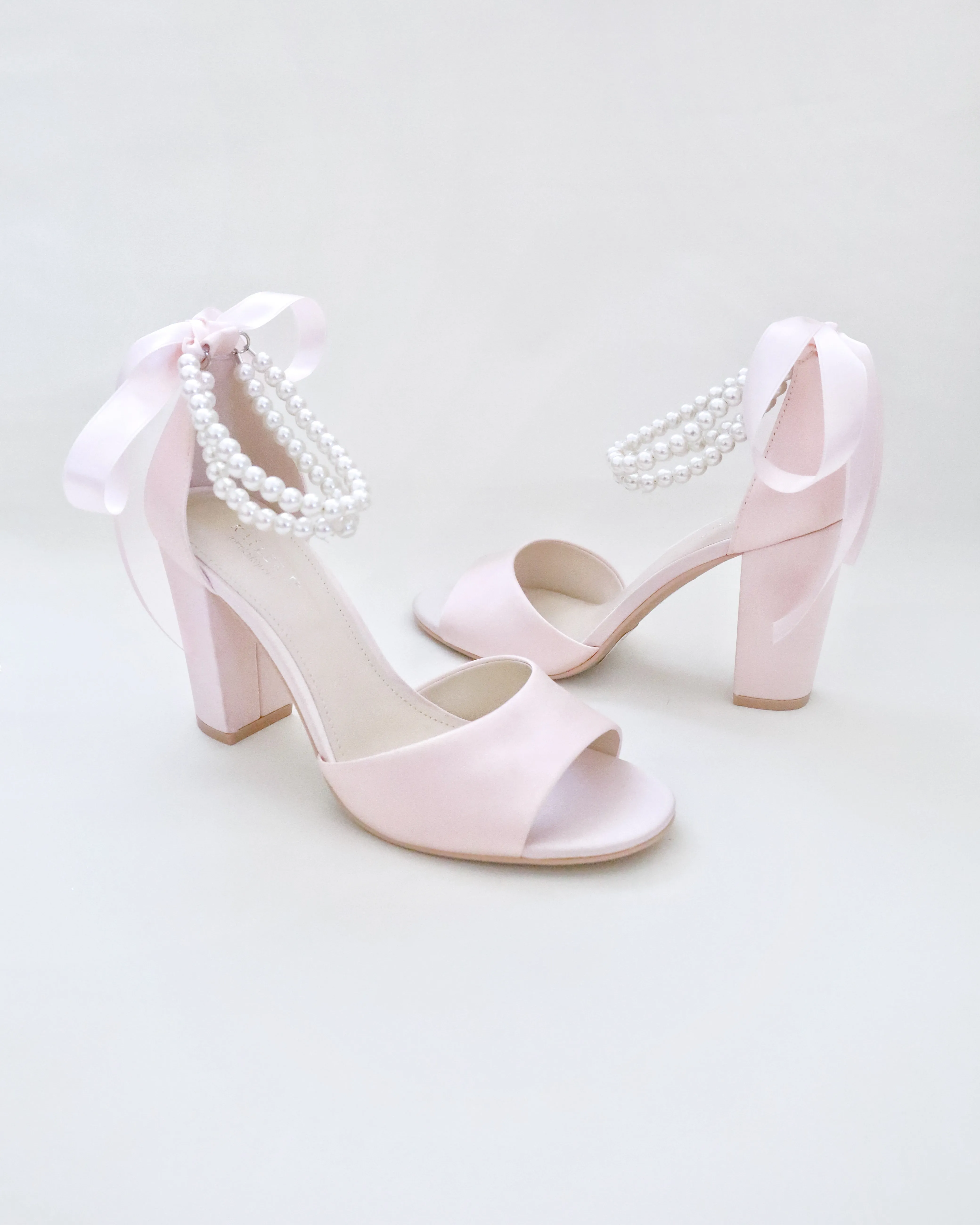 Satin Block Heel Evening Sandals with Double Pearl Strap