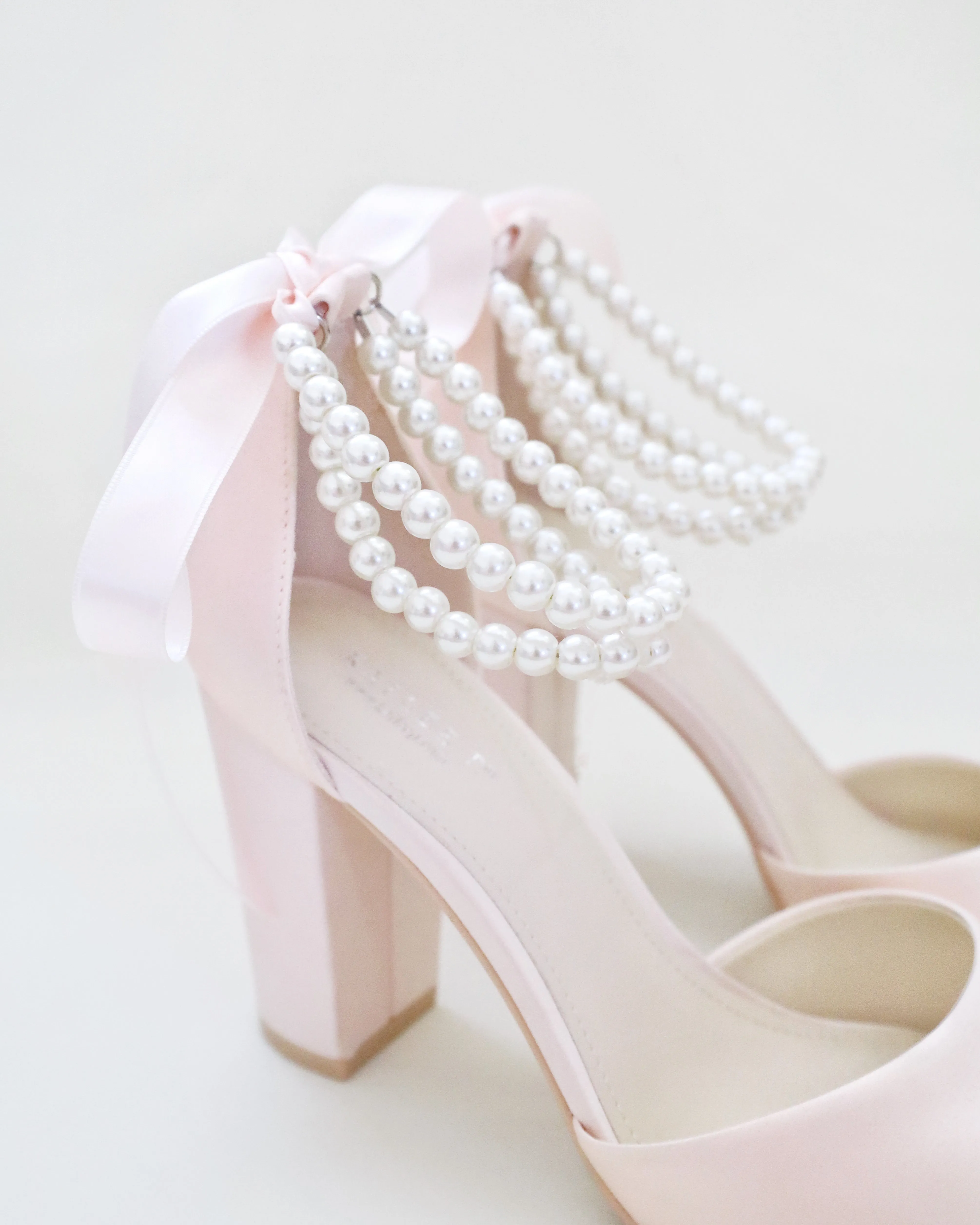Satin Block Heel Evening Sandals with Double Pearl Strap