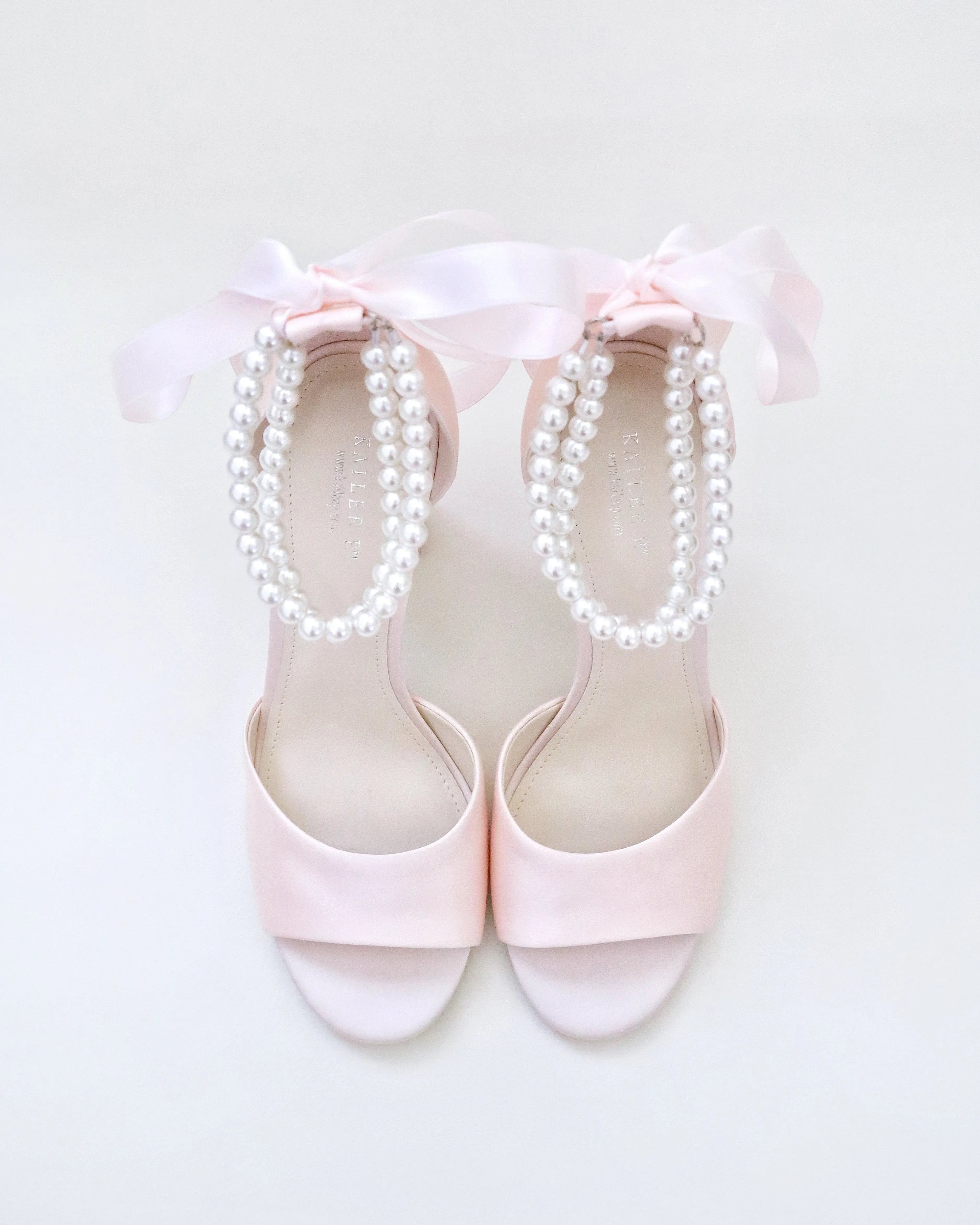 Satin Block Heel Evening Sandals with Double Pearl Strap
