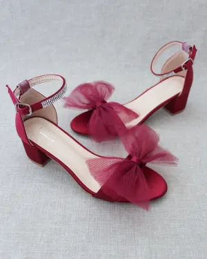 Satin Block Heel Sandal with Oversized Front Tulle Bow