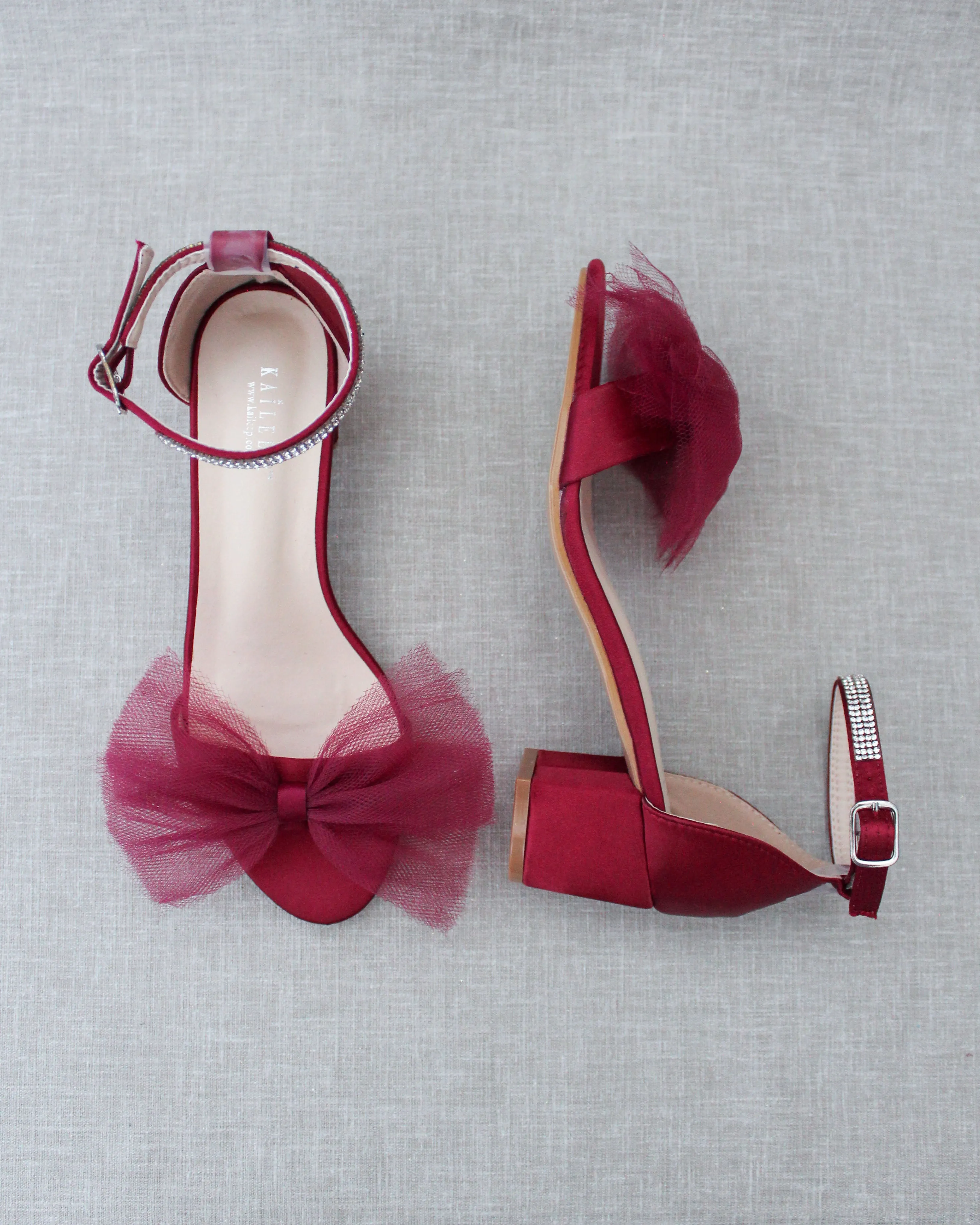 Satin Block Heel Sandal with Oversized Front Tulle Bow