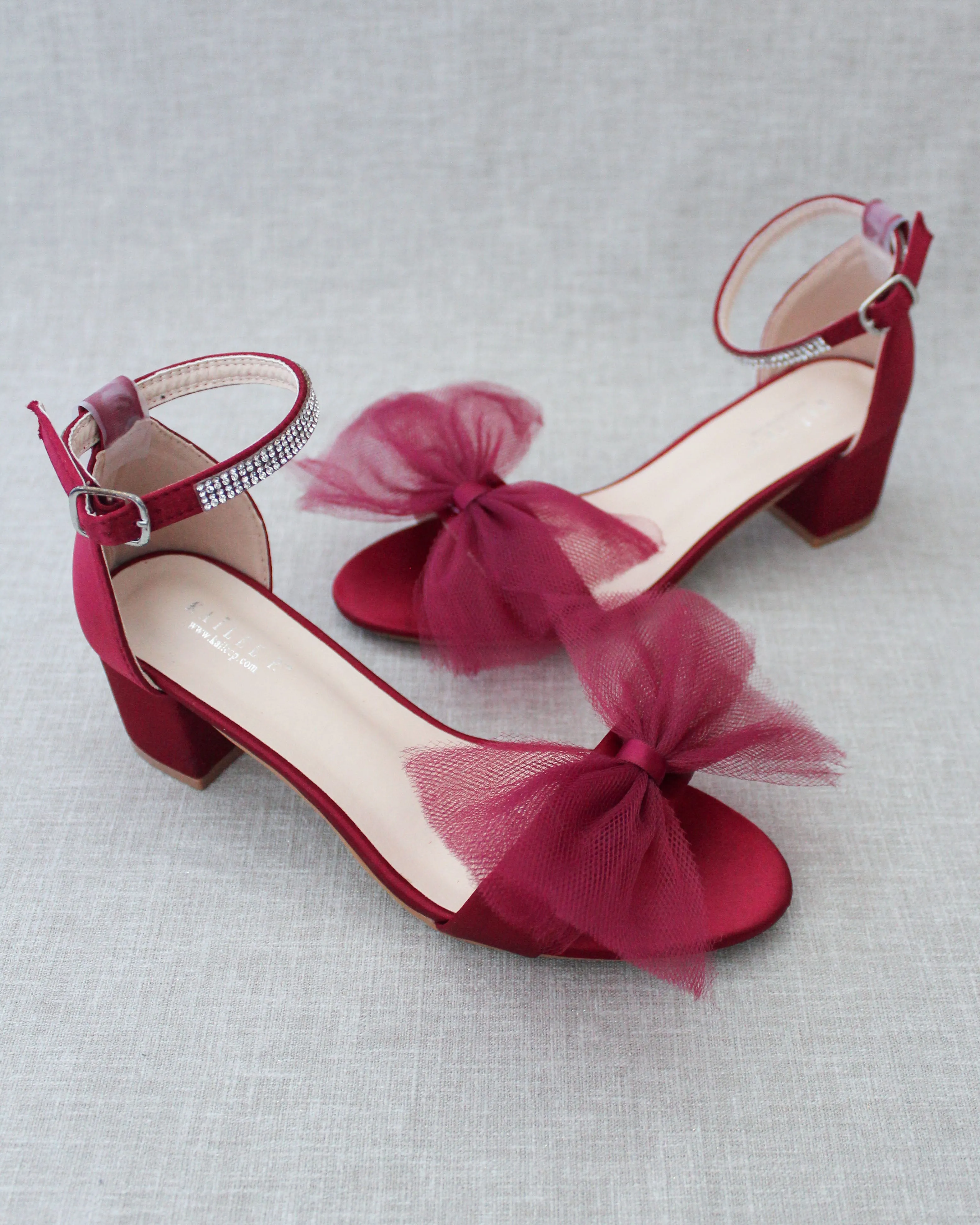 Satin Block Heel Sandal with Oversized Front Tulle Bow