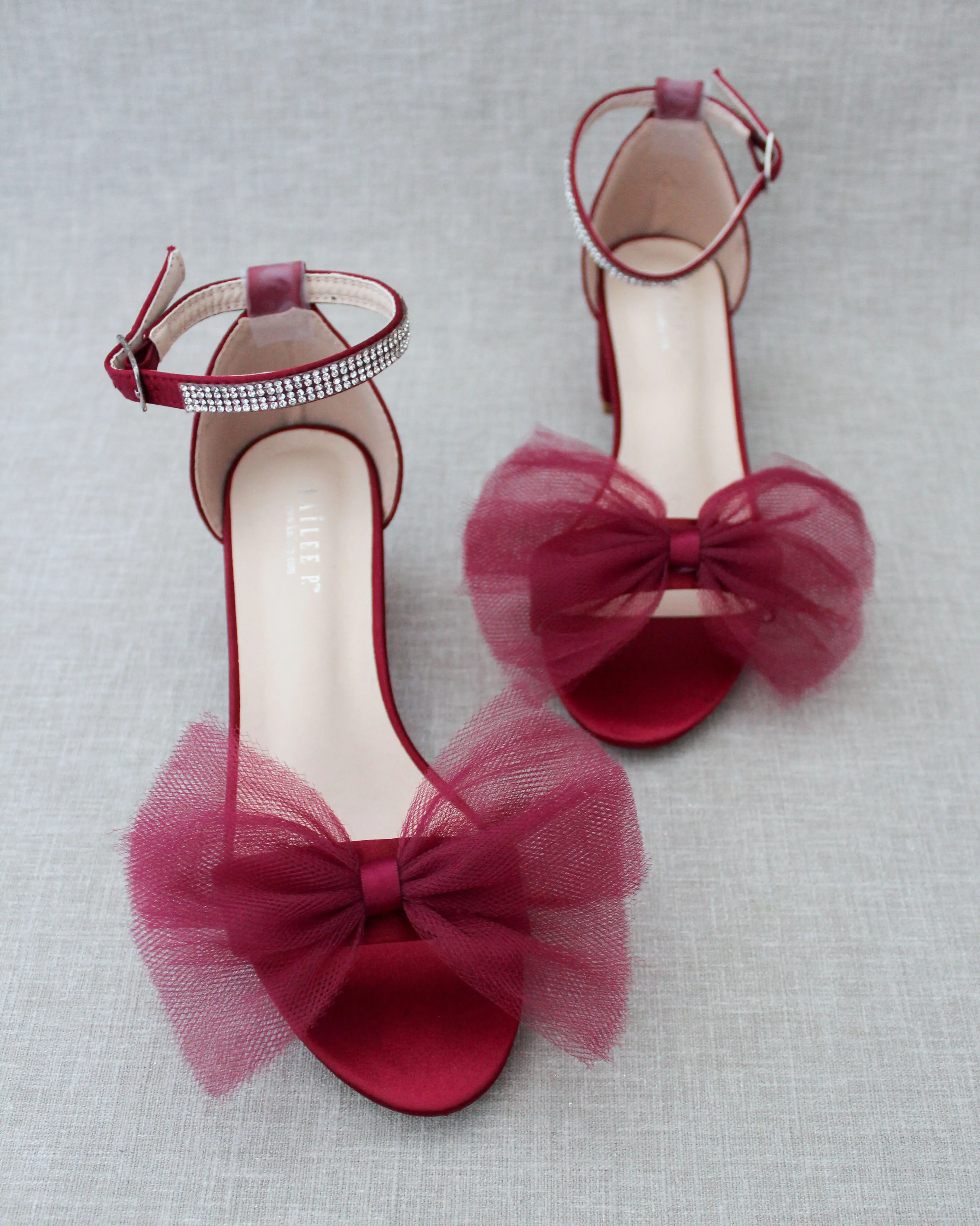 Satin Block Heel Sandal with Oversized Front Tulle Bow