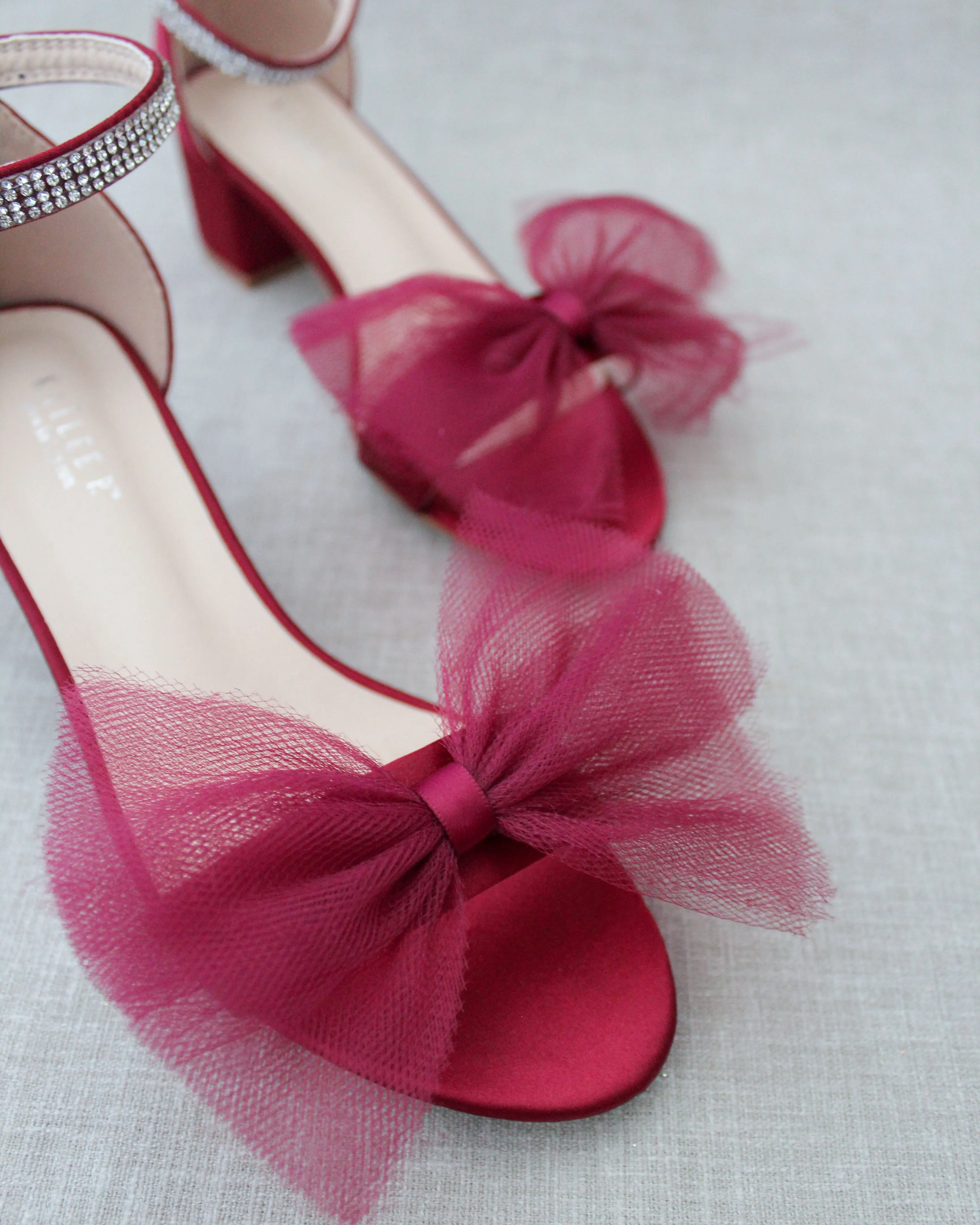 Satin Block Heel Sandal with Oversized Front Tulle Bow