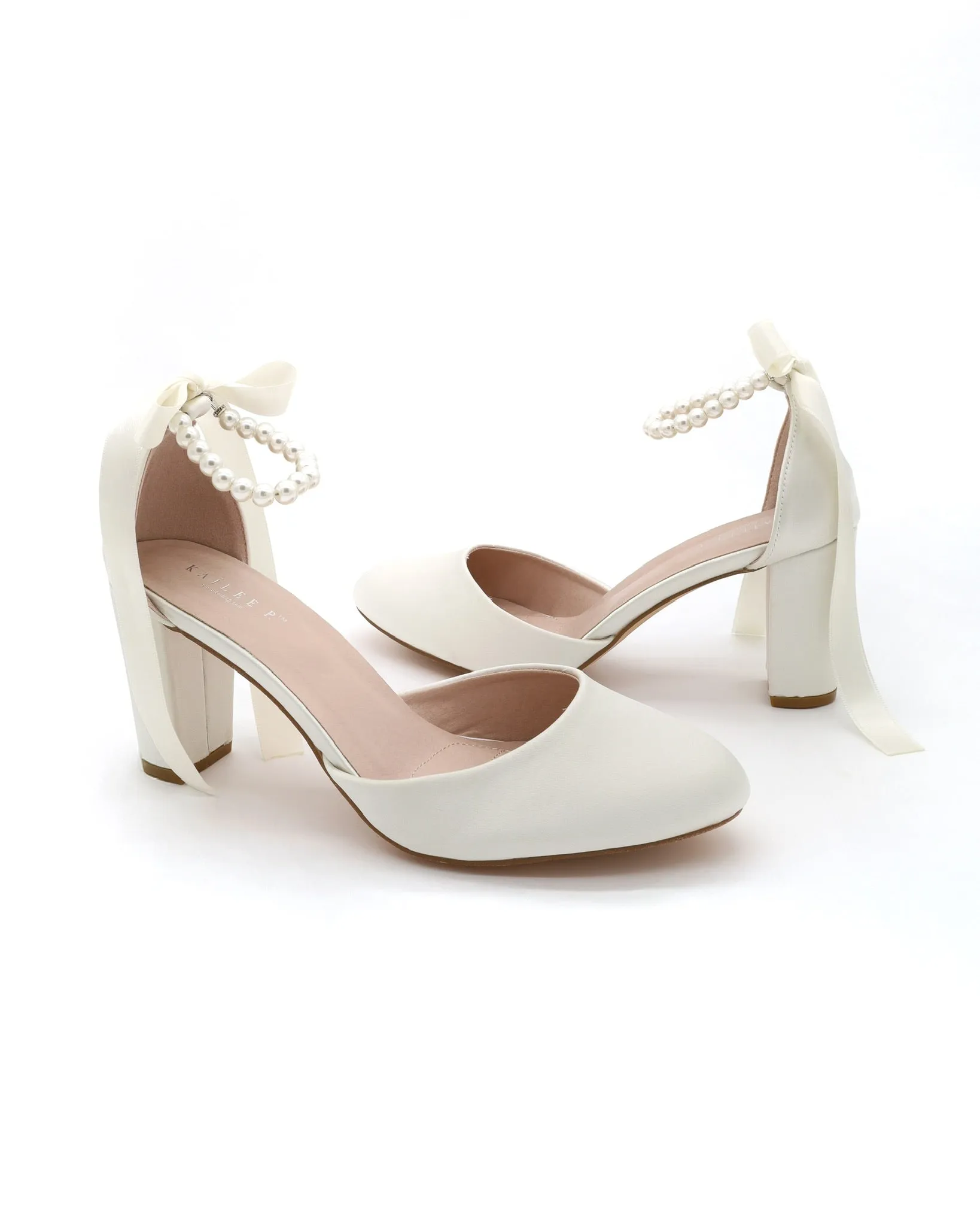 Satin Block Heel with All Pearls Ankle Strap