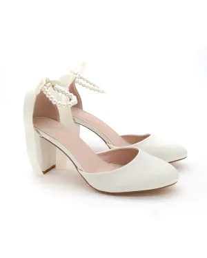 Satin Block Heel with All Pearls Ankle Strap
