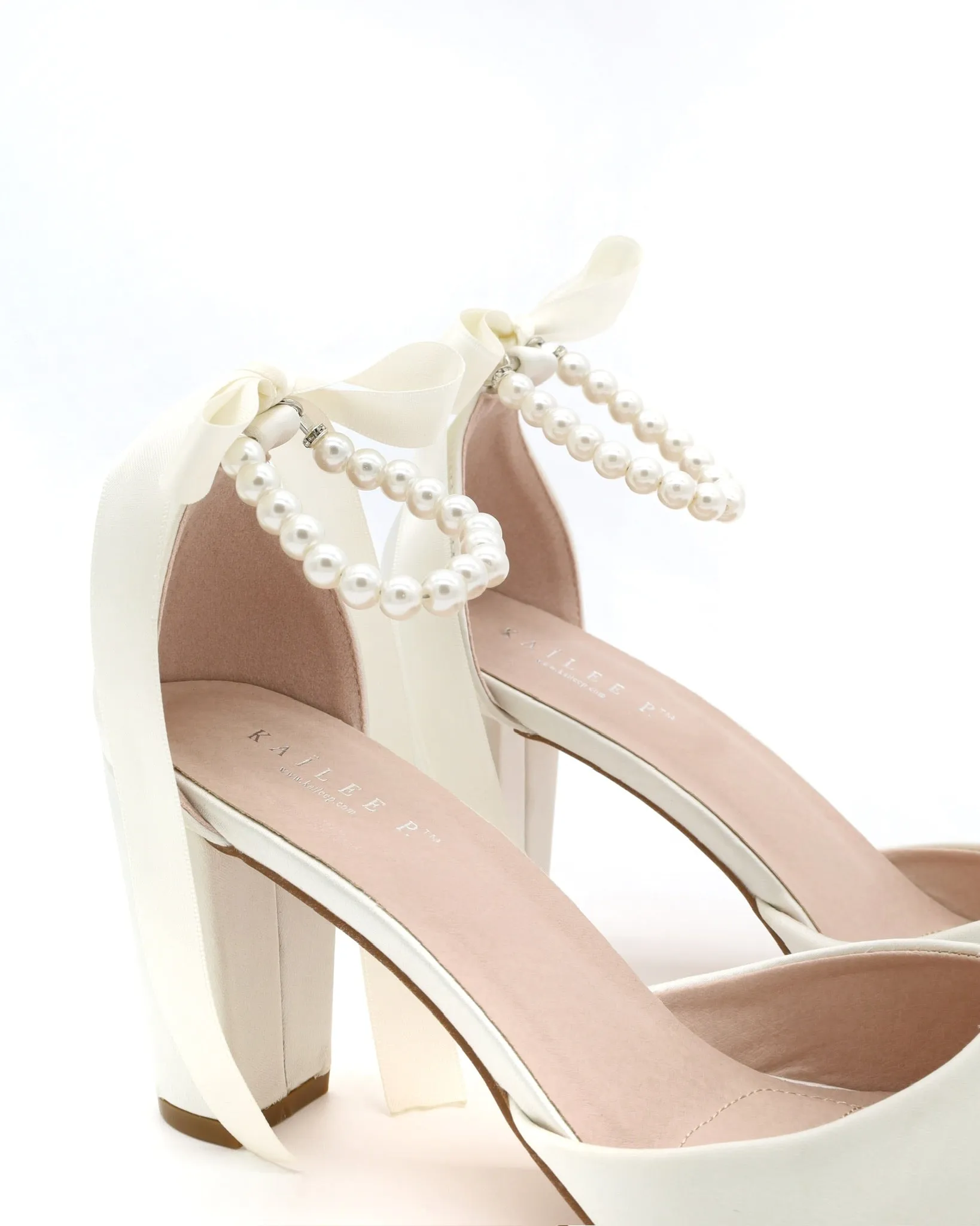 Satin Block Heel with All Pearls Ankle Strap