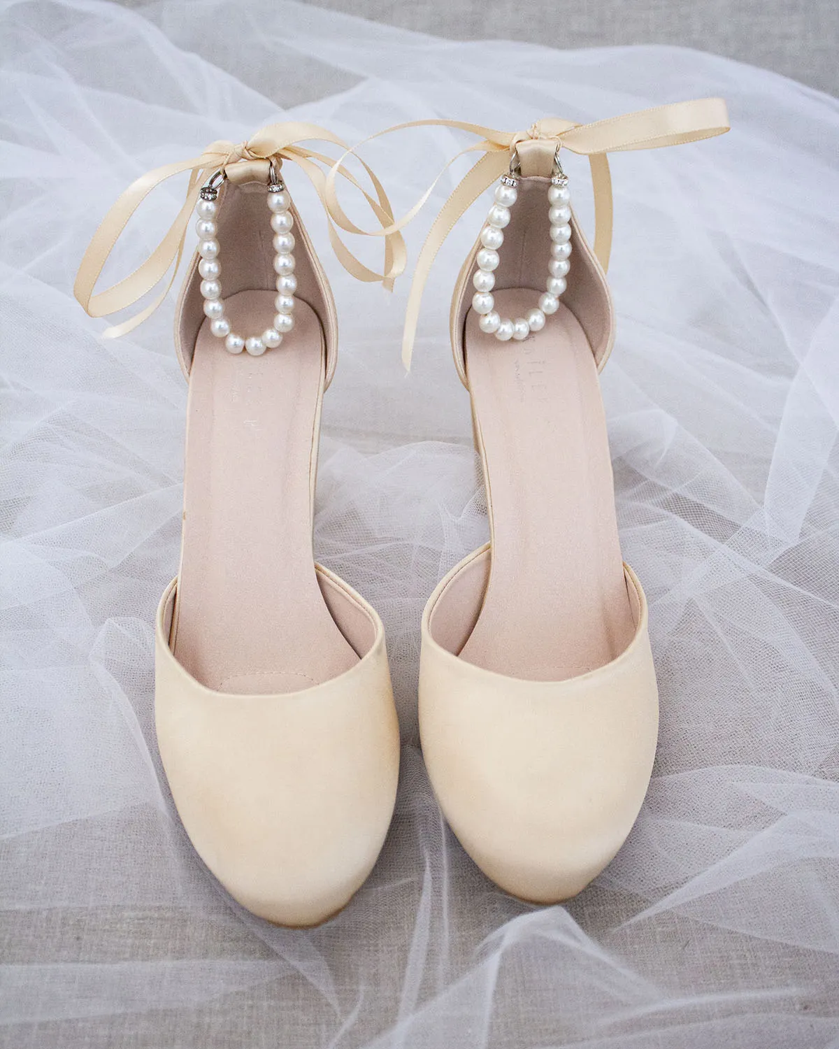 Satin Block Heel with Pearls Ankle Strap
