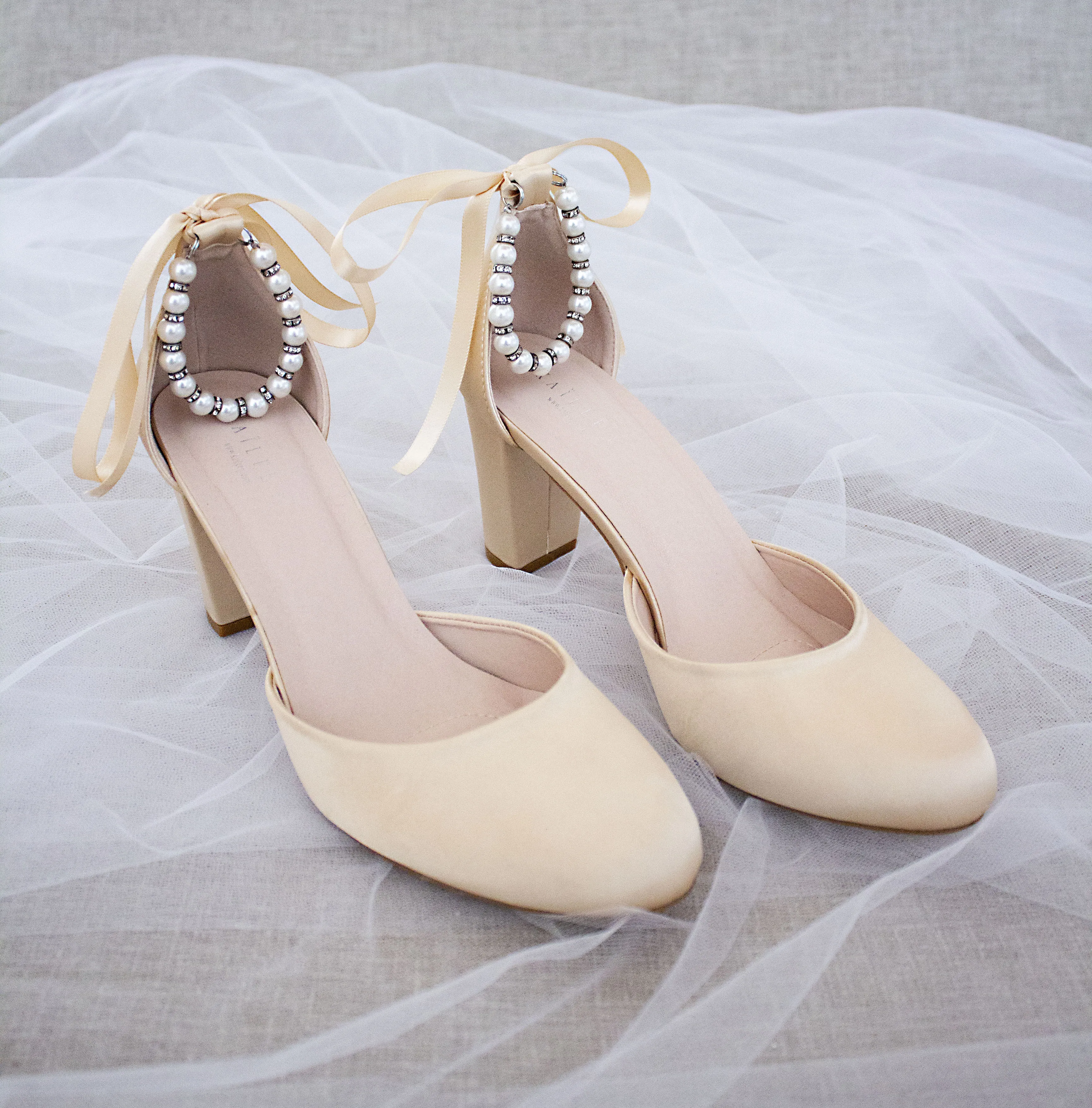 Satin Block Heel with Pearls Ankle Strap