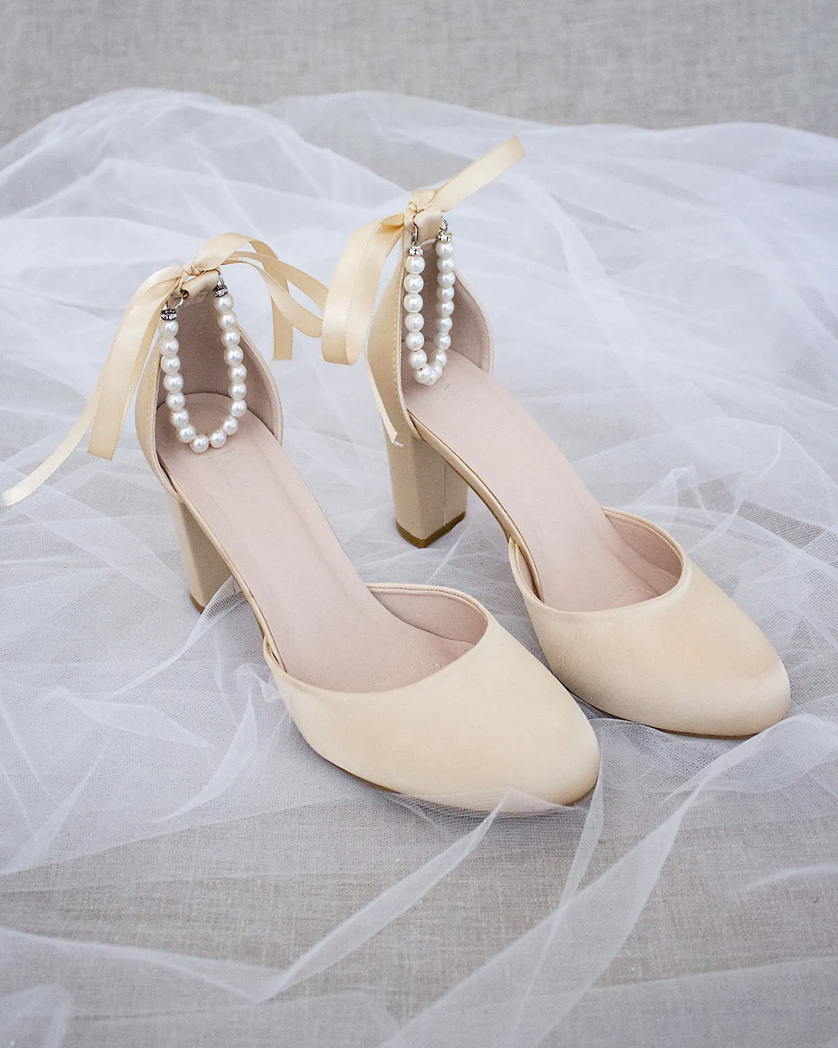 Satin Block Heel with Pearls Ankle Strap