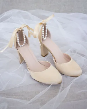 Satin Block Heel with Pearls Ankle Strap
