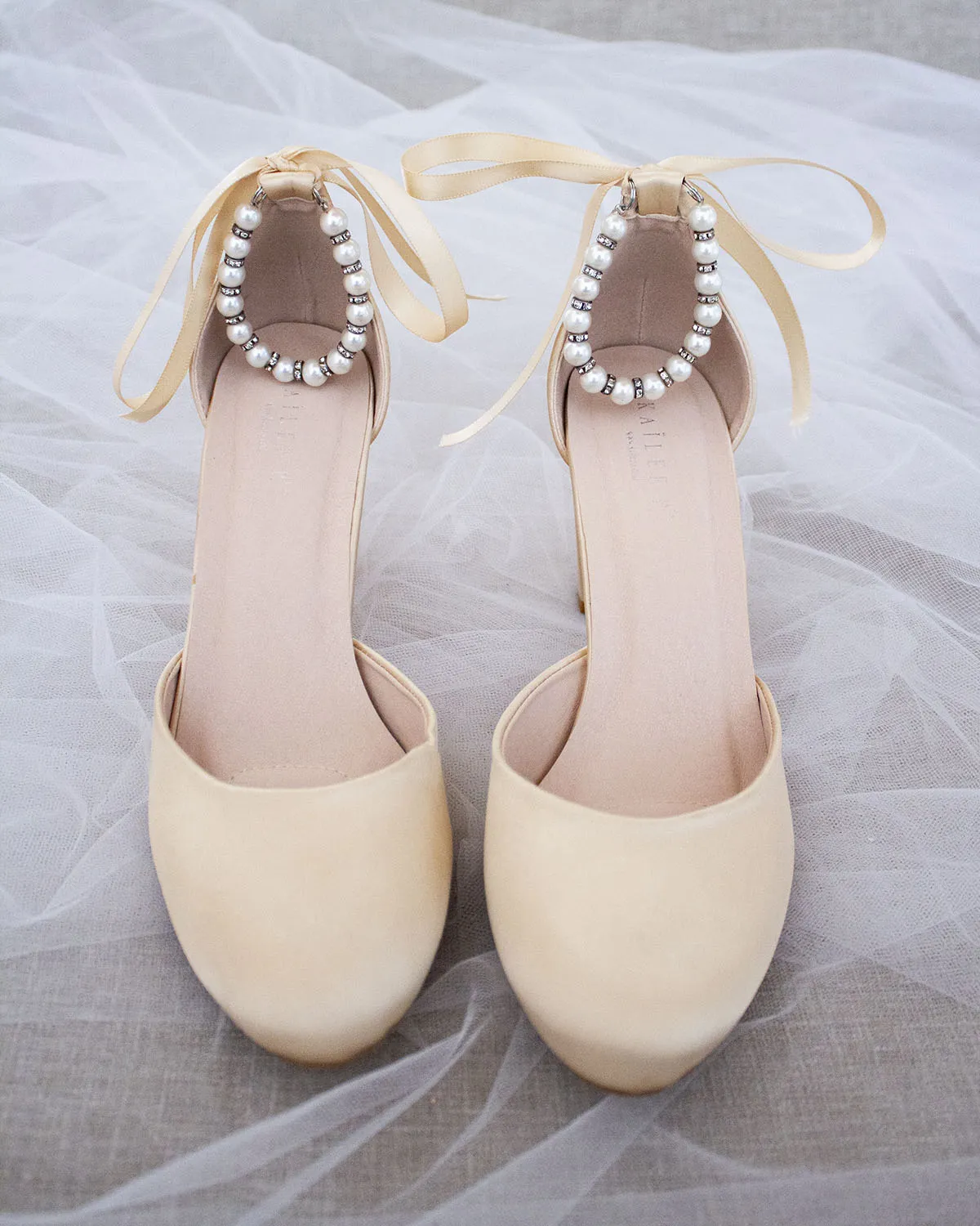Satin Block Heel with Pearls Ankle Strap