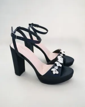 Satin Platform Block Heel Sandals with Navette Rhinestones