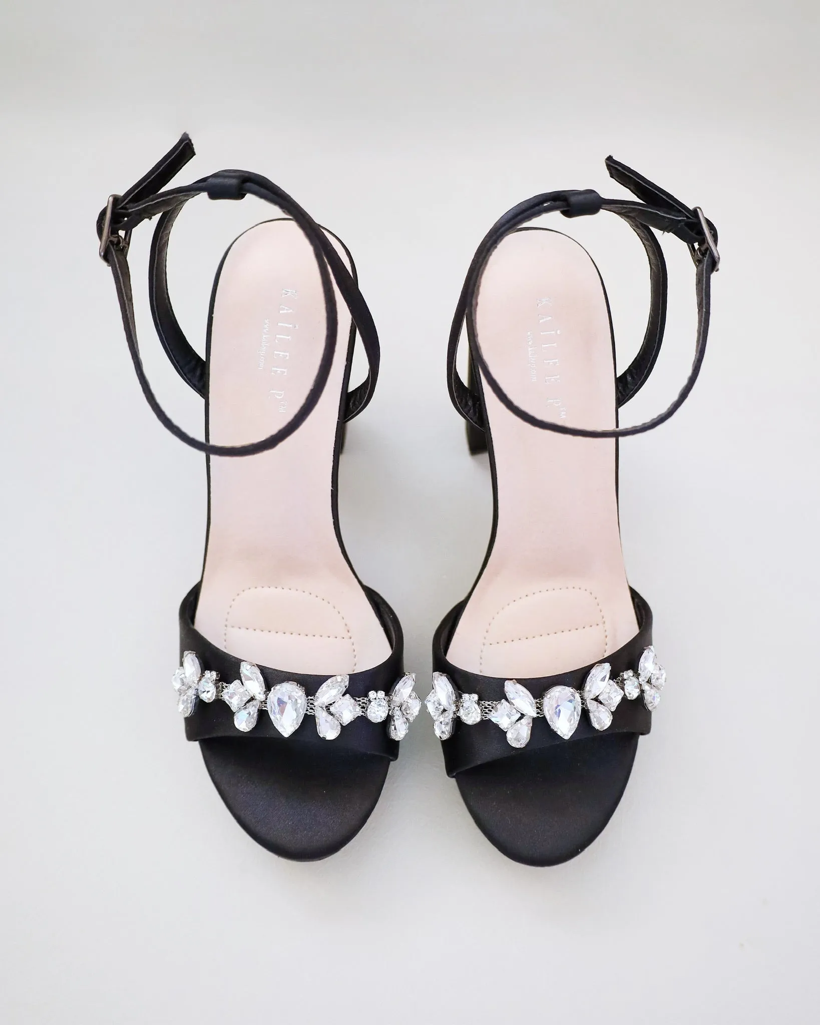 Satin Platform Block Heel Sandals with Navette Rhinestones