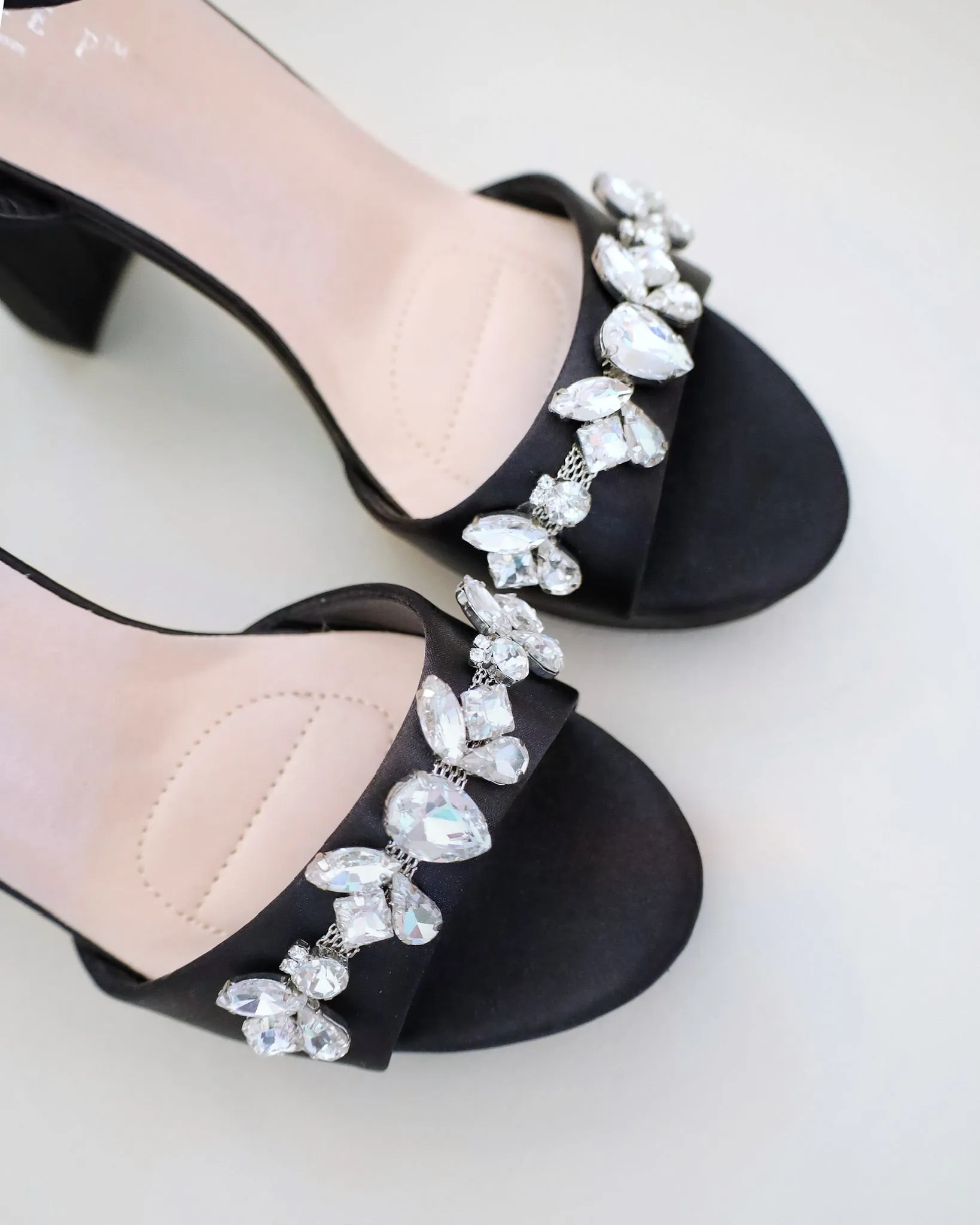 Satin Platform Block Heel Sandals with Navette Rhinestones