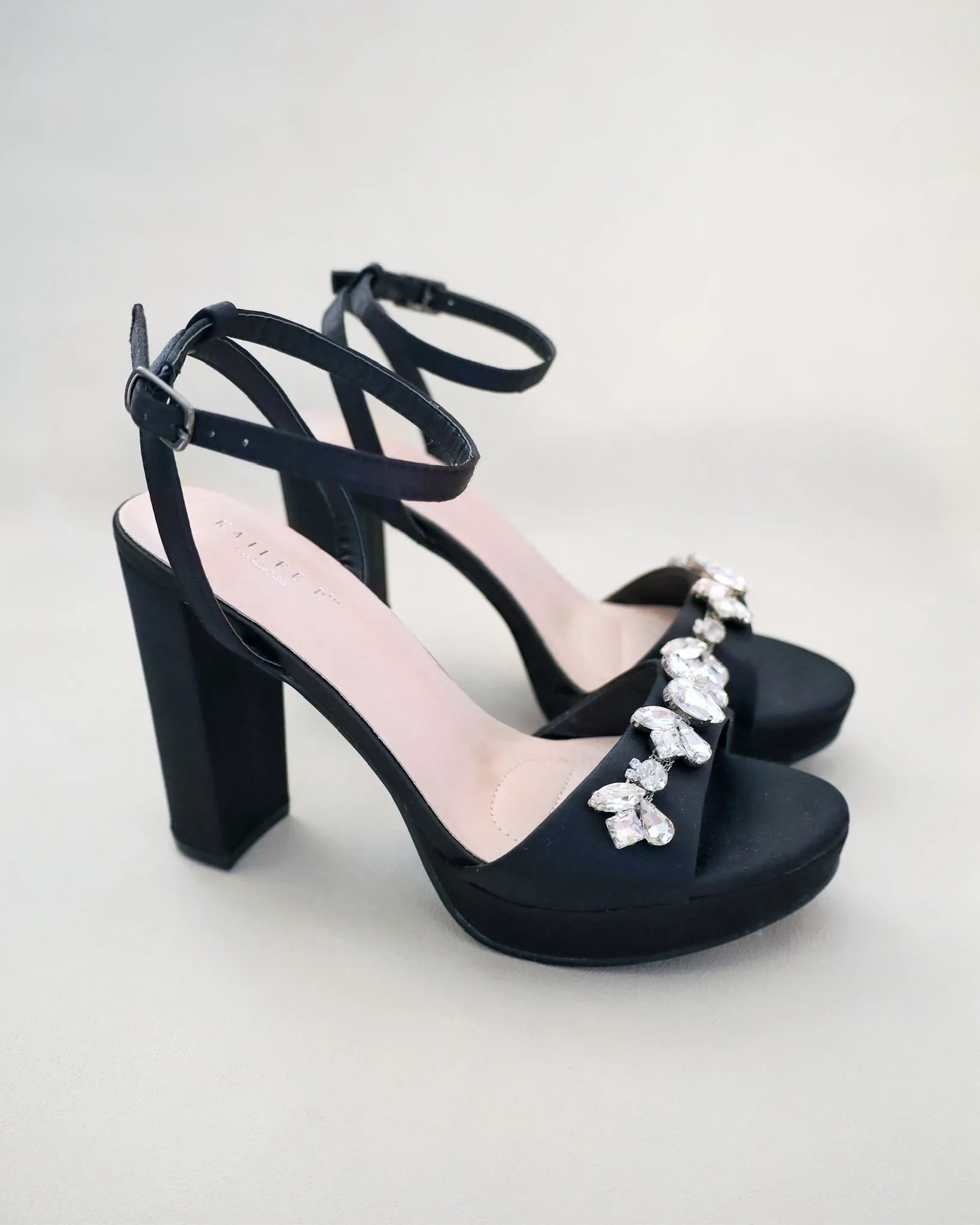 Satin Platform Block Heel Sandals with Navette Rhinestones