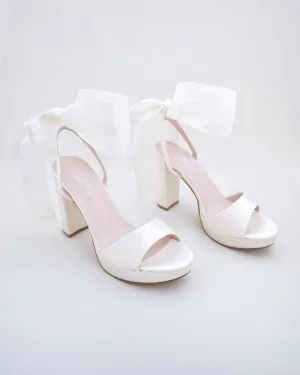 Satin Platform Block Heel Wedding Sandals with Wrapped Ribbon Tie