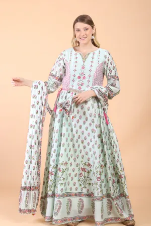 Sea green block print with embroidered Anarkali Set set