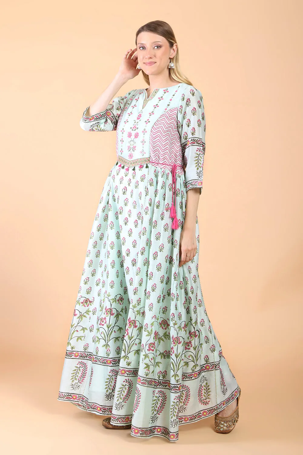 Sea green block print with embroidered Anarkali Set set