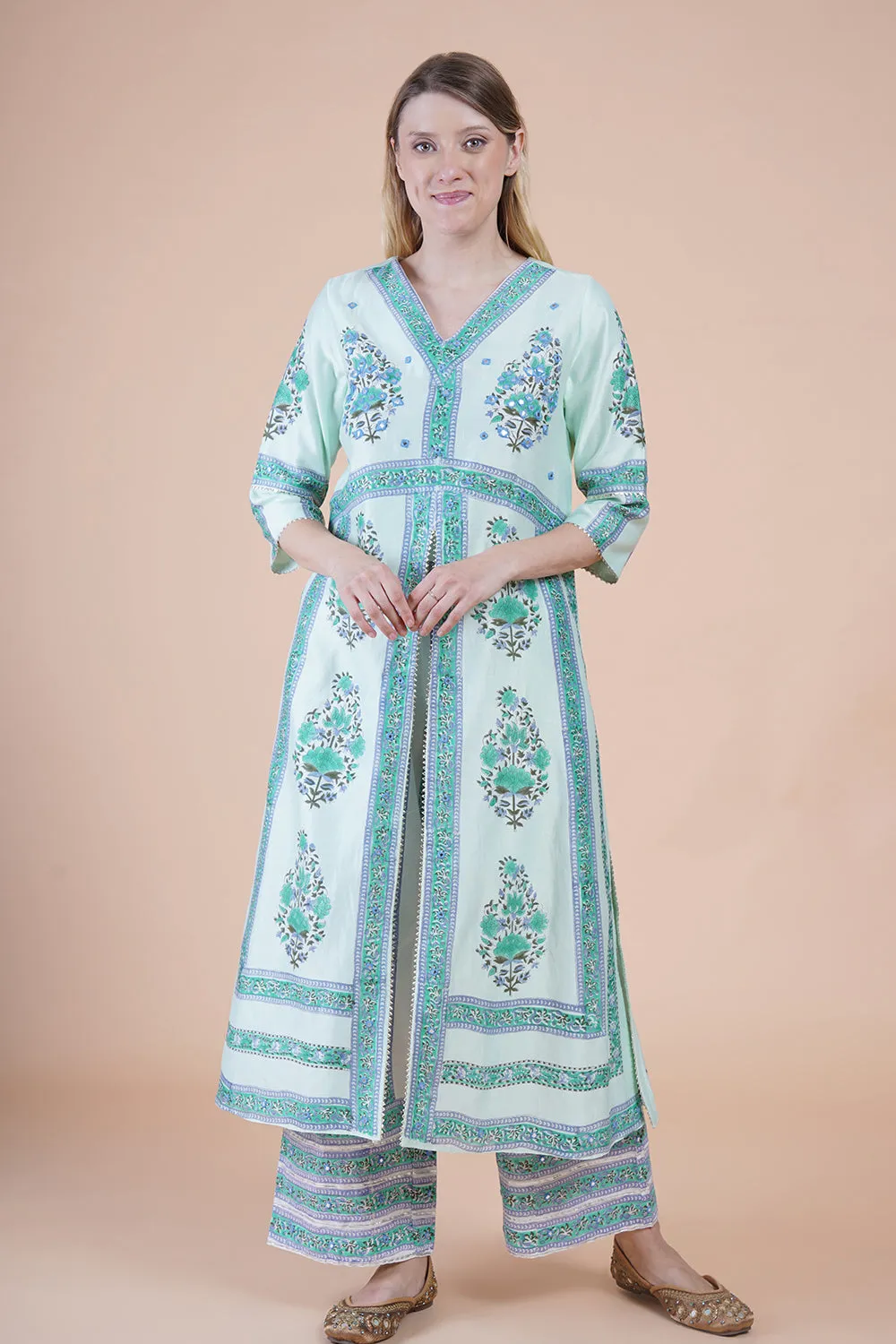 Sea green block print with embroidered kurta suit set