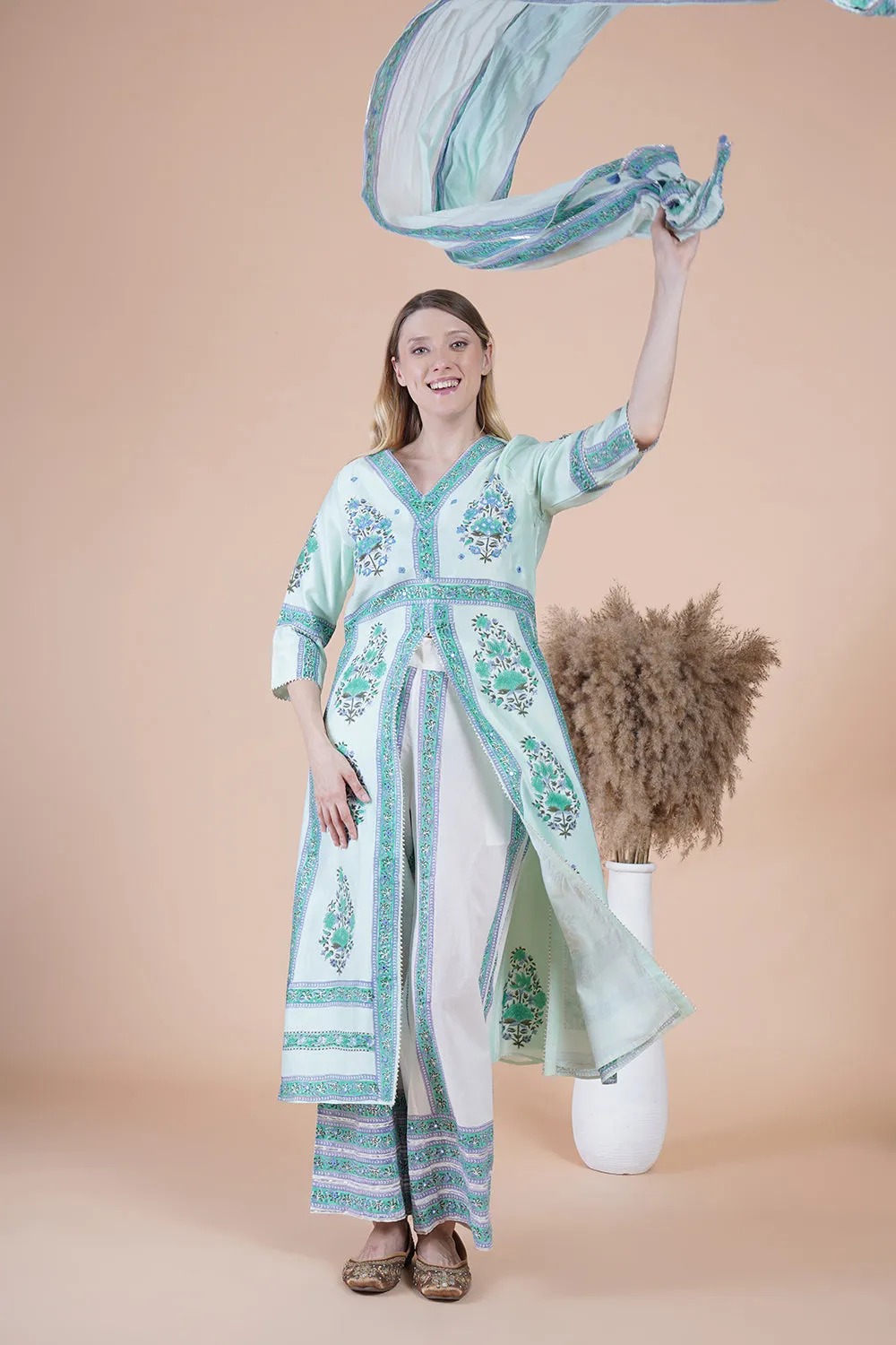 Sea green block print with embroidered kurta suit set