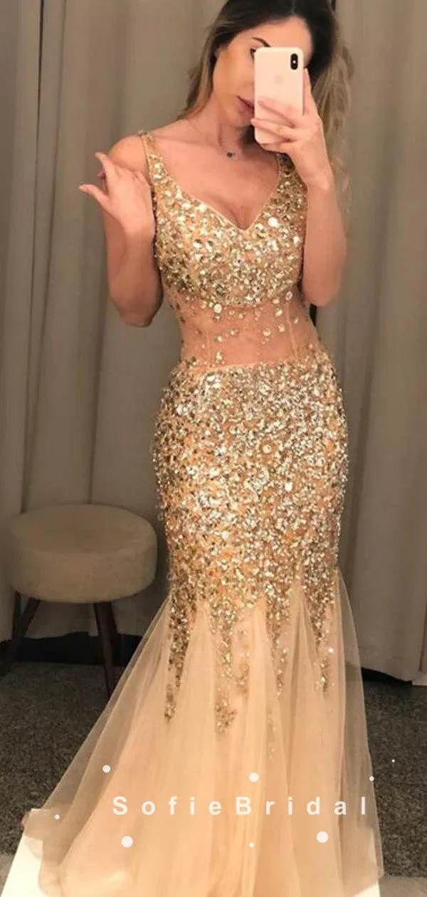 See Through Mermaid V-Neck Straps Tulle Long Prom Dresses With Beading,SFPD0086