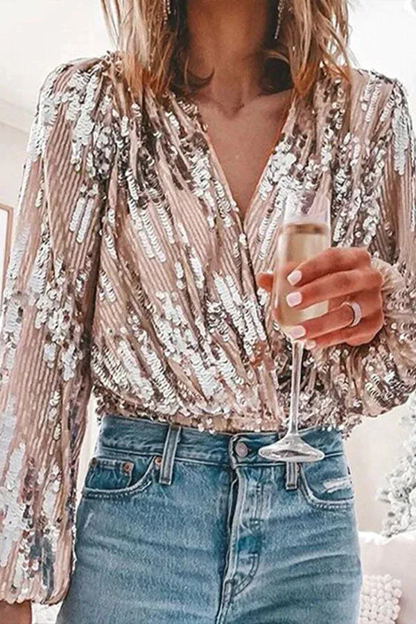 Sequin Bella™ | Women's V-Neck Blouse | Balloon Sleeves, Sparkling Sequins & Lightweight Fabric