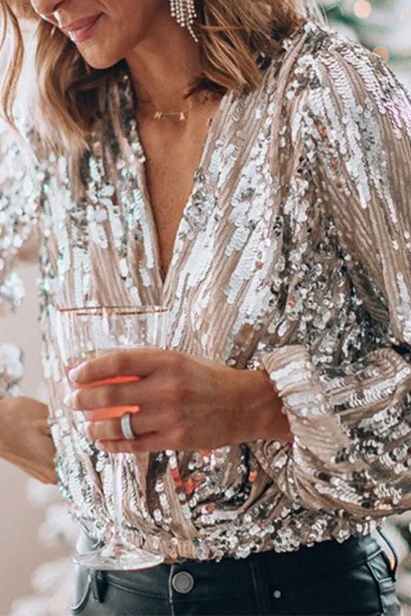 Sequin Bella™ | Women's V-Neck Blouse | Balloon Sleeves, Sparkling Sequins & Lightweight Fabric