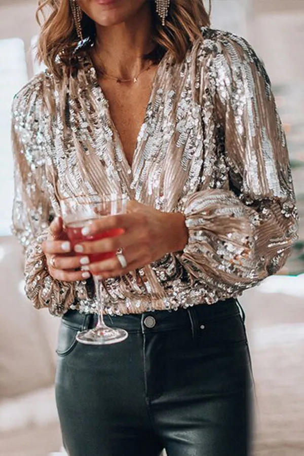 Sequin Bella™ | Women's V-Neck Blouse | Balloon Sleeves, Sparkling Sequins & Lightweight Fabric