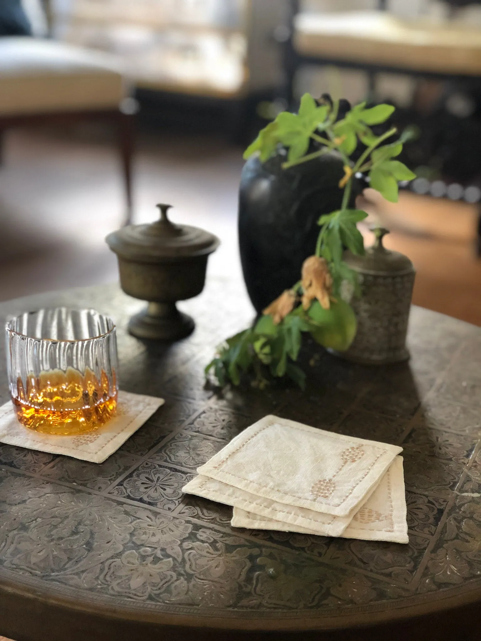 Set of 4 Totem Coasters in Hand-embroidered Soft White Linen