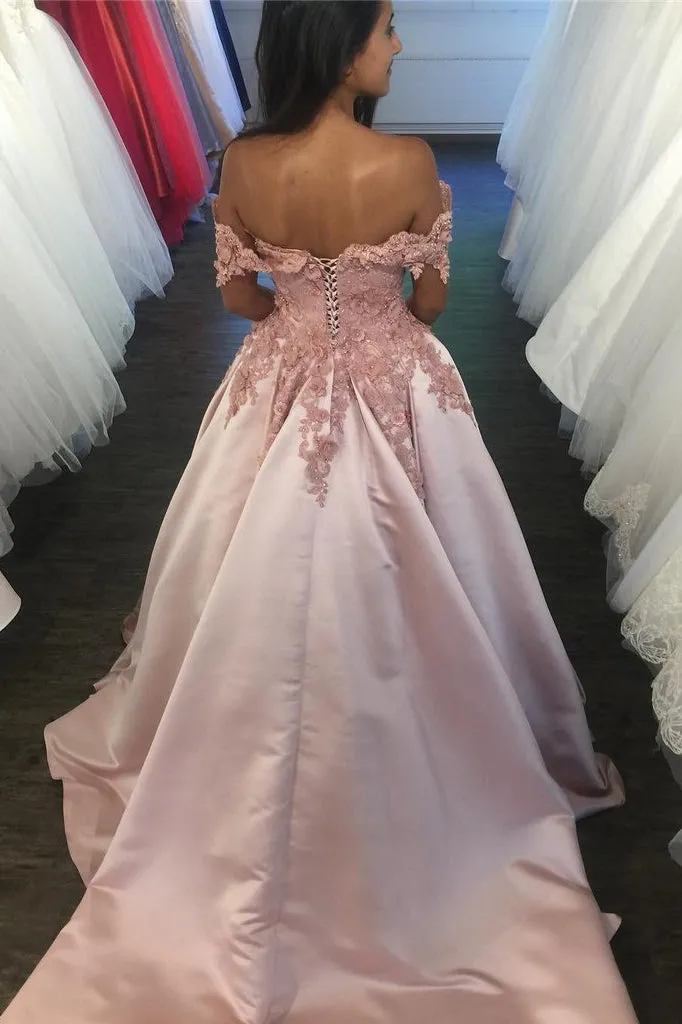 Sexy Ball Gown Off-the-shoulder Appliques Long Satin Prom Dresses Chic Evening Dress OHC215