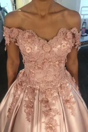 Sexy Ball Gown Off-the-shoulder Appliques Long Satin Prom Dresses Chic Evening Dress OHC215
