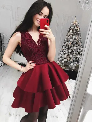 Sexy Deep V-Neck Burgundy Short Homecoming Dress Appliqued Prom Party Dress CA2104