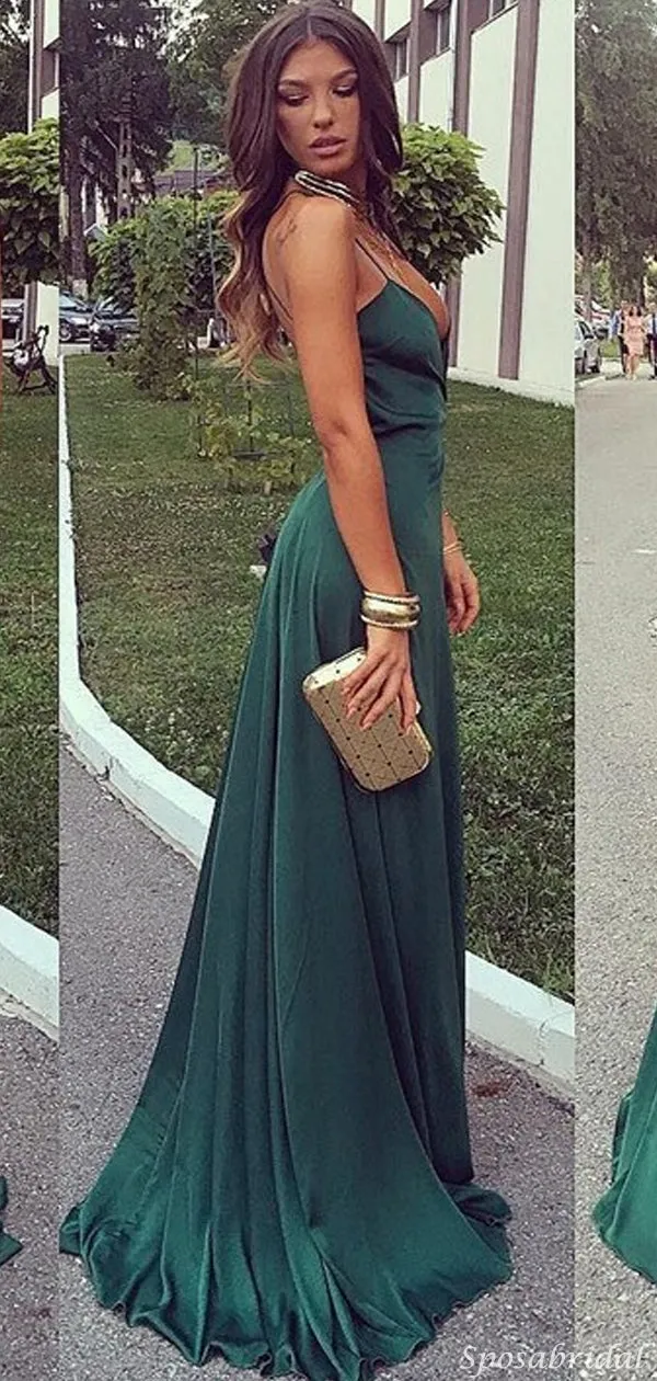 Sexy Halter Dark Green Open Back V-neck Side-slit Mermaid Long Prom Dress, PD3103