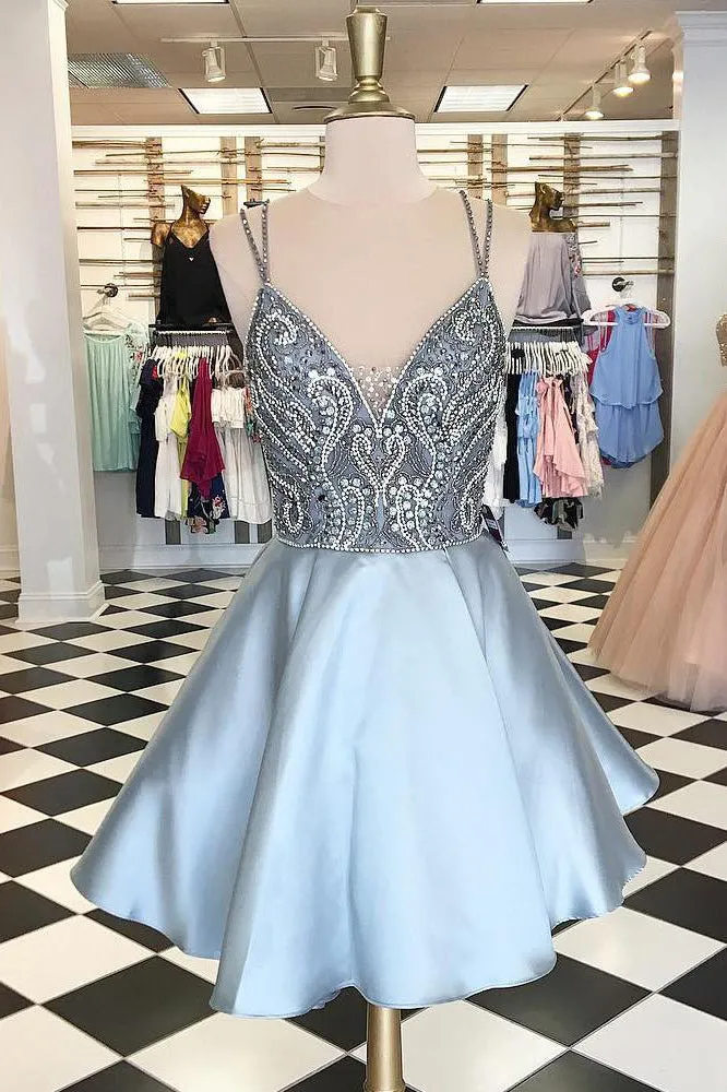 Sexy Homecoming Dress Spaghetti Straps Rhinestone Sleeveless Backless Satin Short Prom Dress Party Dress OHM107