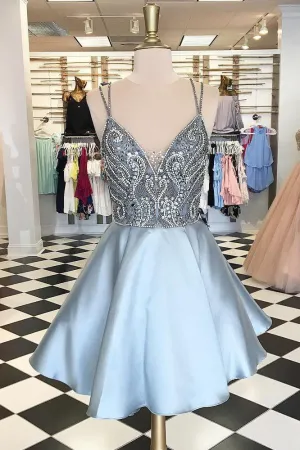 Sexy Homecoming Dress Spaghetti Straps Rhinestone Sleeveless Backless Satin Short Prom Dress Party Dress OHM107