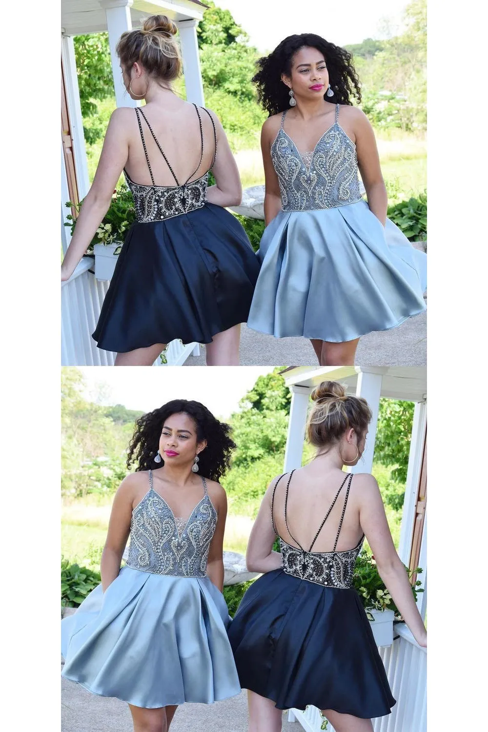 Sexy Homecoming Dress Spaghetti Straps Rhinestone Sleeveless Backless Satin Short Prom Dress Party Dress OHM107