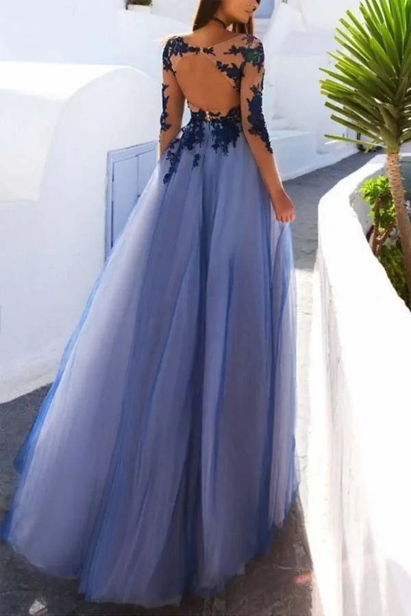Sexy Long Sleeves Blue Lace Open Back Prom Dresses Evening Dresses TP0929
