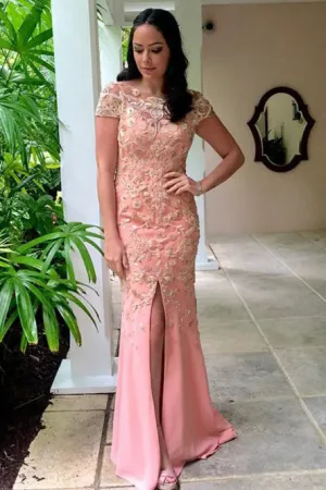 Sheath Bateau Cap SLeeves Floor-Length Pink Prom Dress with Appliques OHC092