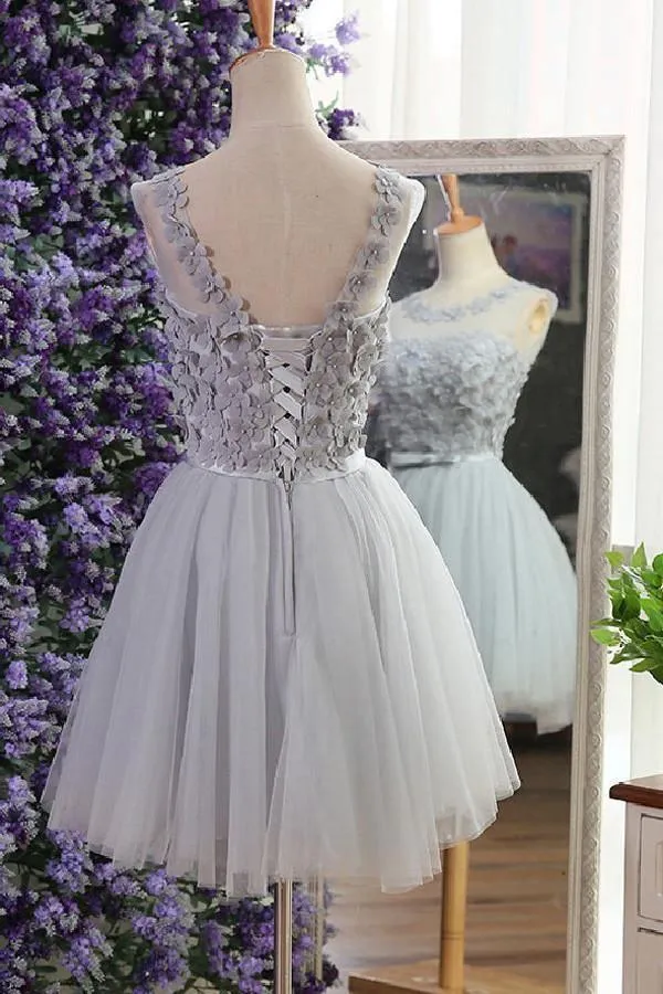 Short Grey Tulle Homecoming Dress Party Dress with Beading Appliques PG123