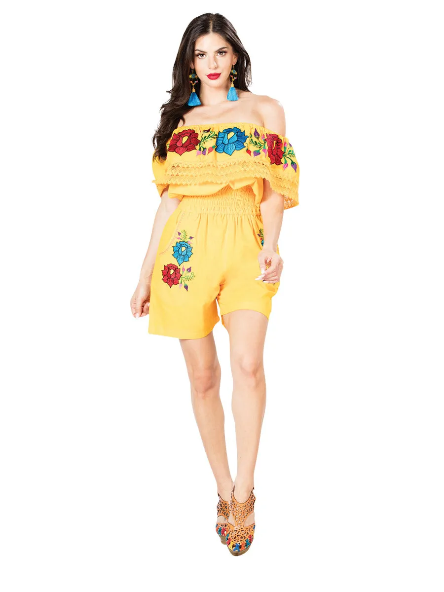 Short Jumpsuit Artesanal Bordado de Flores para Mujer