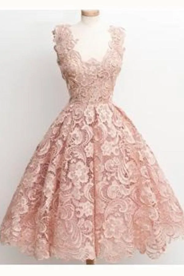 Short Scoop-Neck Lace Little Dress Nude Homecoming Dress TR0034